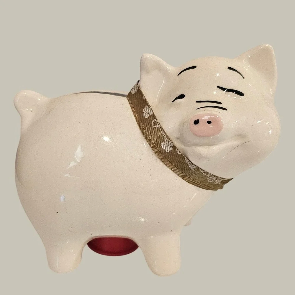Vintage Ceramic Piggy Bank Winking Pig Off White Floral Ribbon Coin Bank
